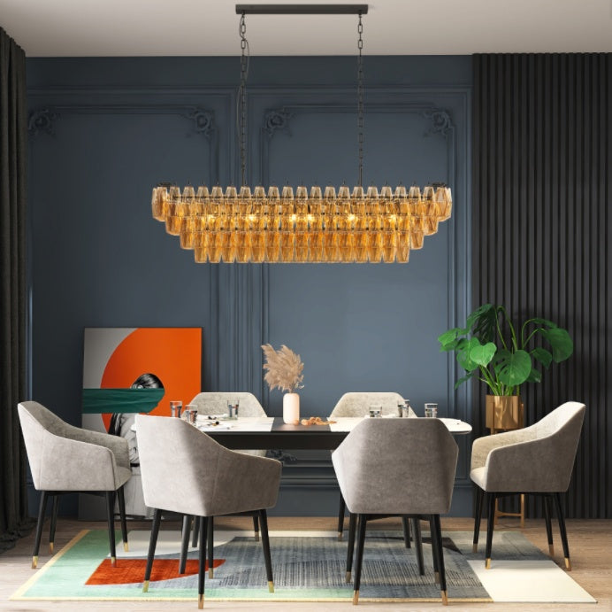 54" Black 12-Light Tiered Smoke Glass Chandelier – Large Rectangular Linear Fixture – Modern Kitchen Island Light