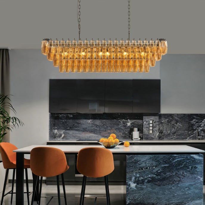 54" Black 12-Light Tiered Smoke Glass Chandelier – Large Rectangular Linear Fixture – Modern Kitchen Island Light