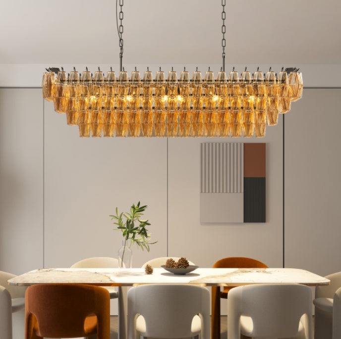 54" Black 12-Light Tiered Smoke Glass Chandelier – Large Rectangular Linear Fixture – Modern Kitchen Island Light