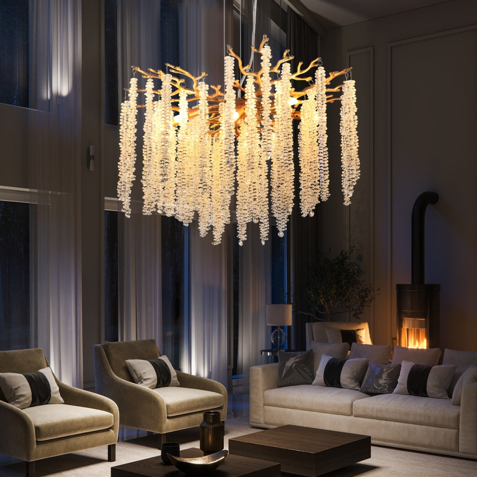 24" Gold Crystal Pendant Chandelier – Cascading Crystal Strands – Modern Glam Ceiling Light