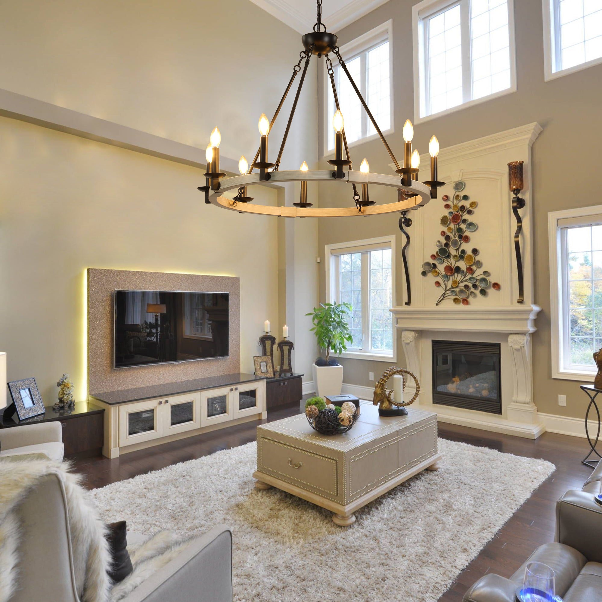 32" Rustic Farmhouse 10-Light Candle Chandelier – Black Metal & Wood – Round Hanging Fixture