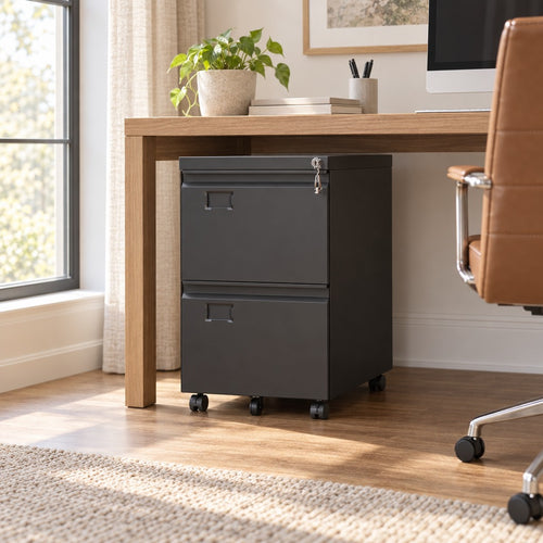 2 Drawer File Cabinet with Lock, Mobile Steel Filing Cabinet on Wheels for Letter, Legal and A4 Hanging Files, Under Desk Home Office Storage, Black