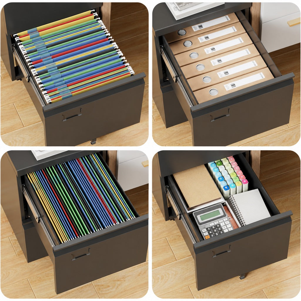 2 Drawer File Cabinet with Lock, Mobile Steel Filing Cabinet on Wheels for Letter, Legal and A4 Hanging Files, Under Desk Home Office Storage, Black