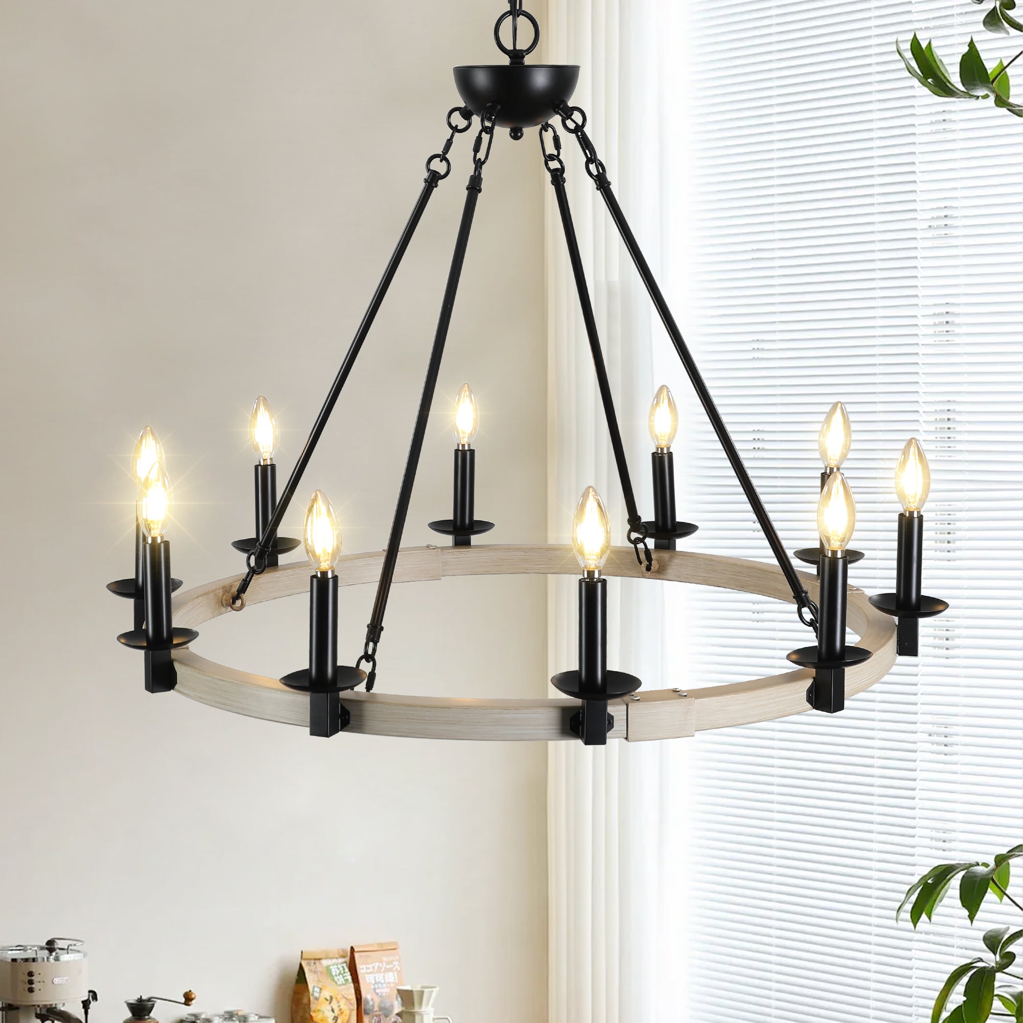32" Rustic Farmhouse 10-Light Candle Chandelier – Black Metal & Wood – Round Hanging Fixture