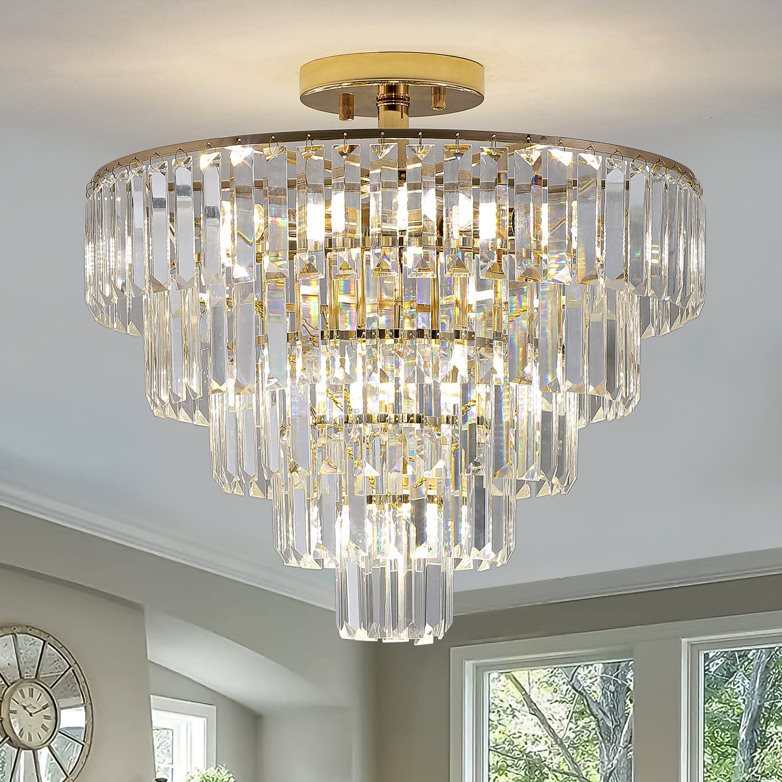 Gold Crystal 5-Tier Semi-Flush Mount Chandelier – K9 Crystal – Large Luxury Ceiling Light