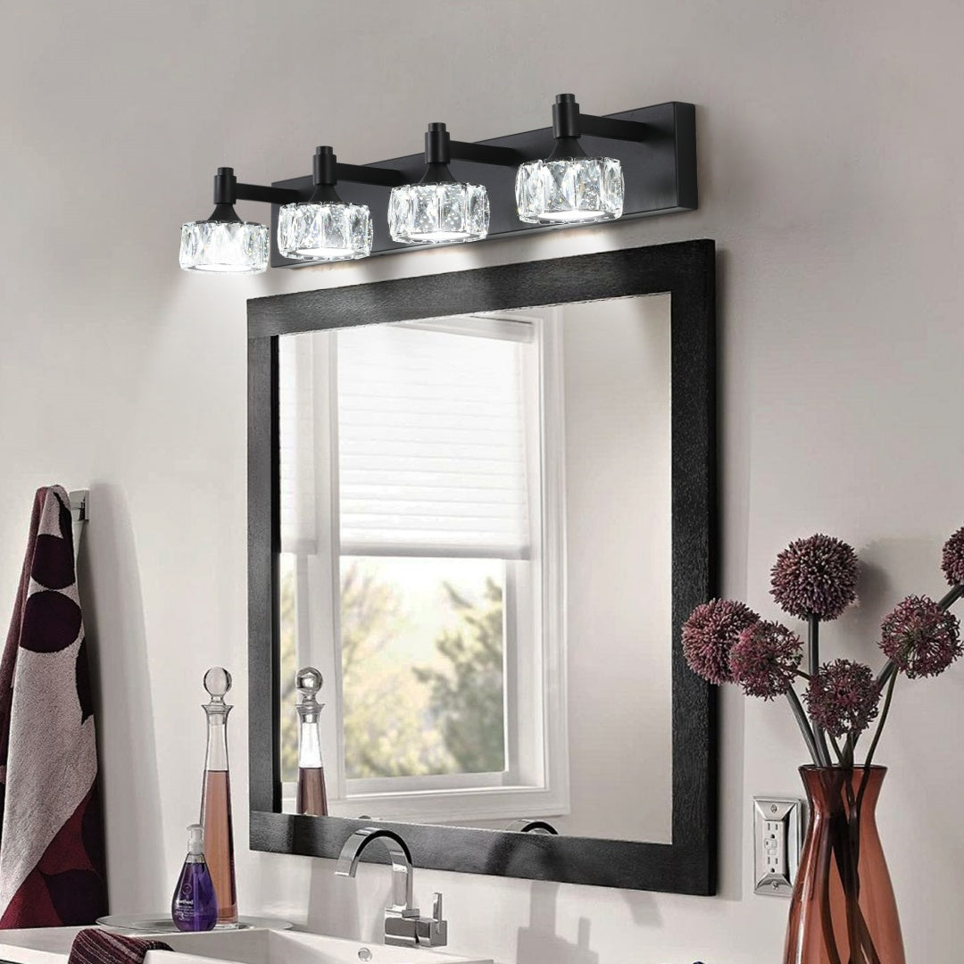 Modern 4-Light Vanity Light – Matte Black & Crystal Glass Shades – LED Bathroom Wall Sconce