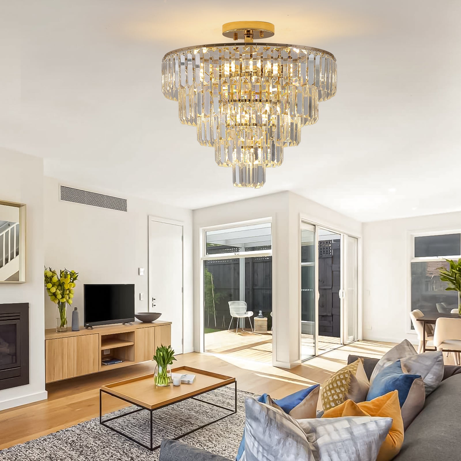 Gold Crystal 5-Tier Semi-Flush Mount Chandelier – K9 Crystal – Large Luxury Ceiling Light