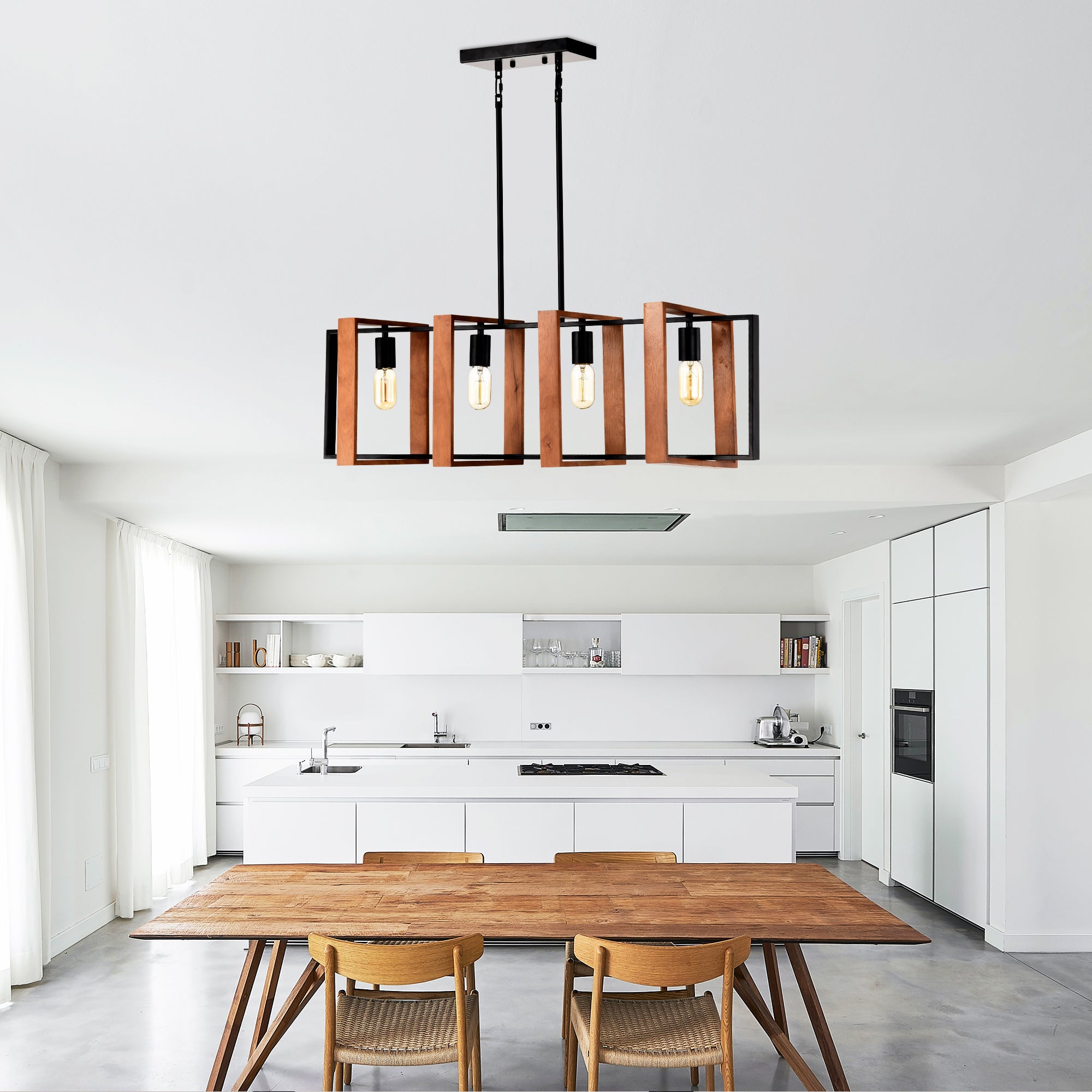 4-Light Rustic Wood & Black Metal Linear Chandelier – Kitchen Island Pendant – Farmhouse Dining Light
