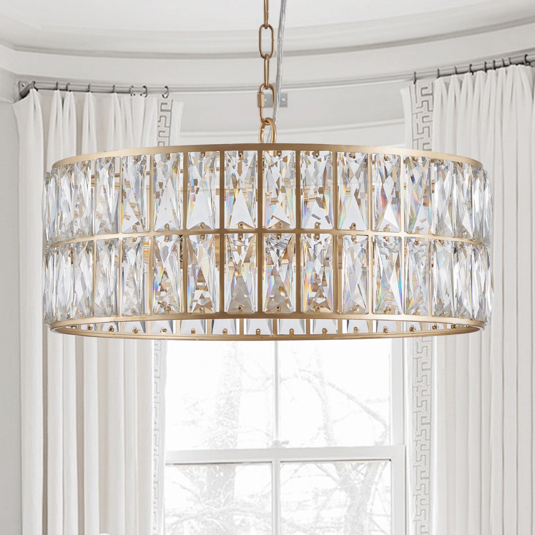 18" Gold Crystal Drum Chandelier – 6-Light Semi-Flush Mount – Modern Glam Ceiling Fixture