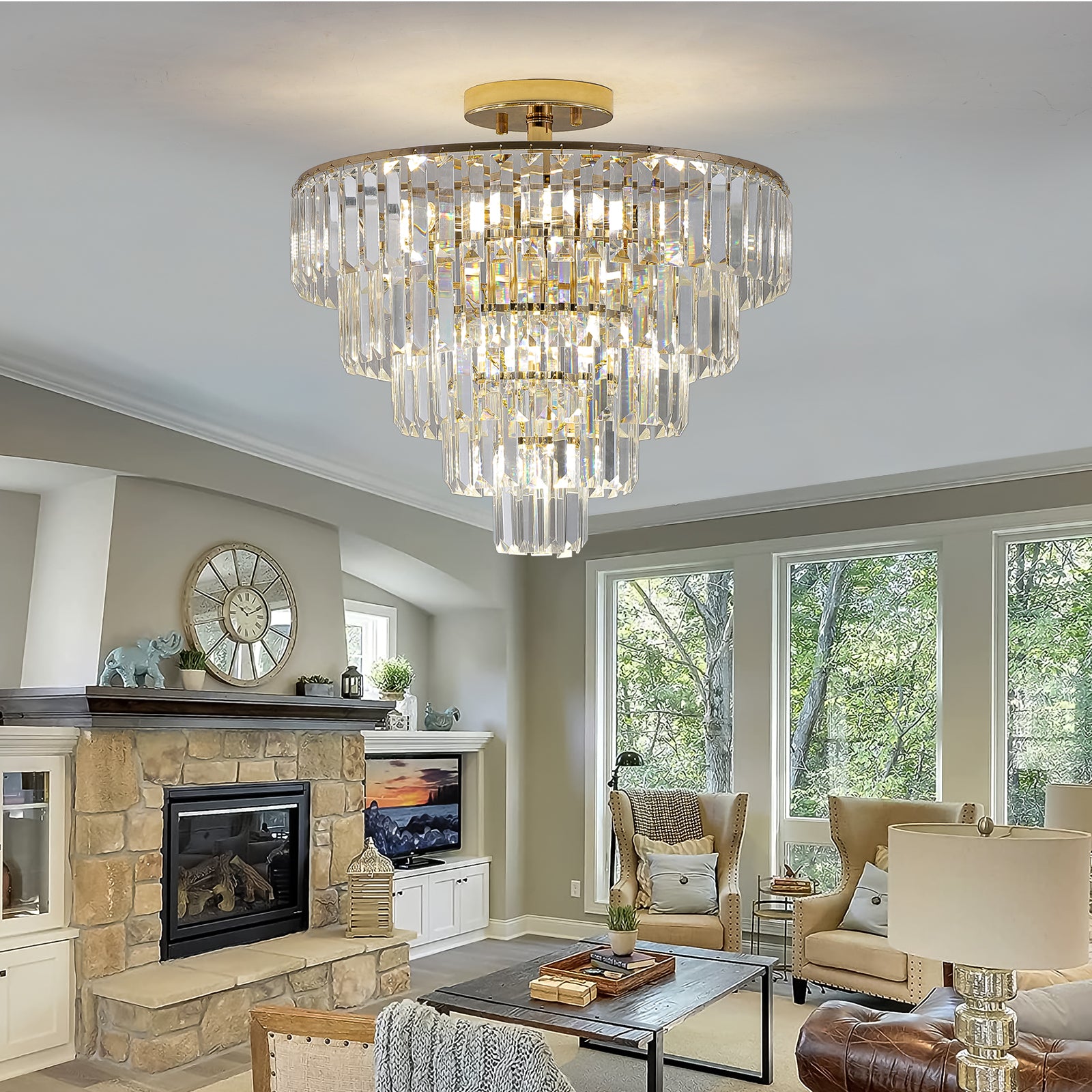 Gold Crystal 5-Tier Semi-Flush Mount Chandelier – K9 Crystal – Large Luxury Ceiling Light