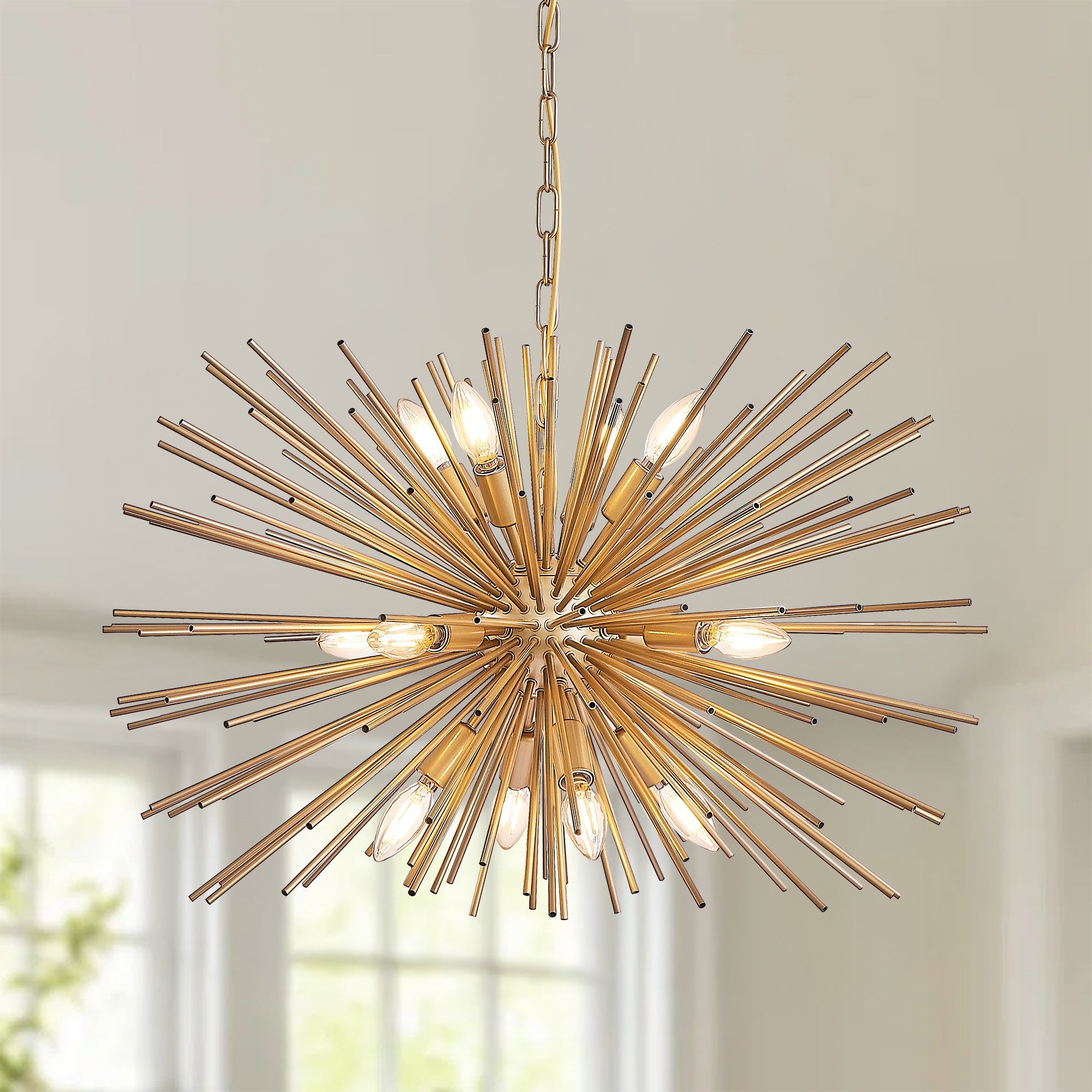 29" Mid-Century Modern 12-Light Gold Sputnik Chandelier – Starburst Pendant Ceiling Fixture