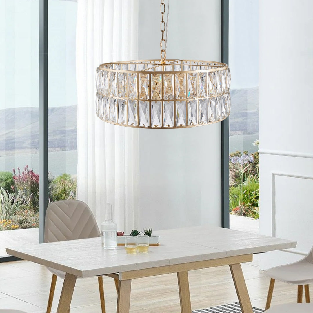 18" Gold Crystal Drum Chandelier – 6-Light Semi-Flush Mount – Modern Glam Ceiling Fixture