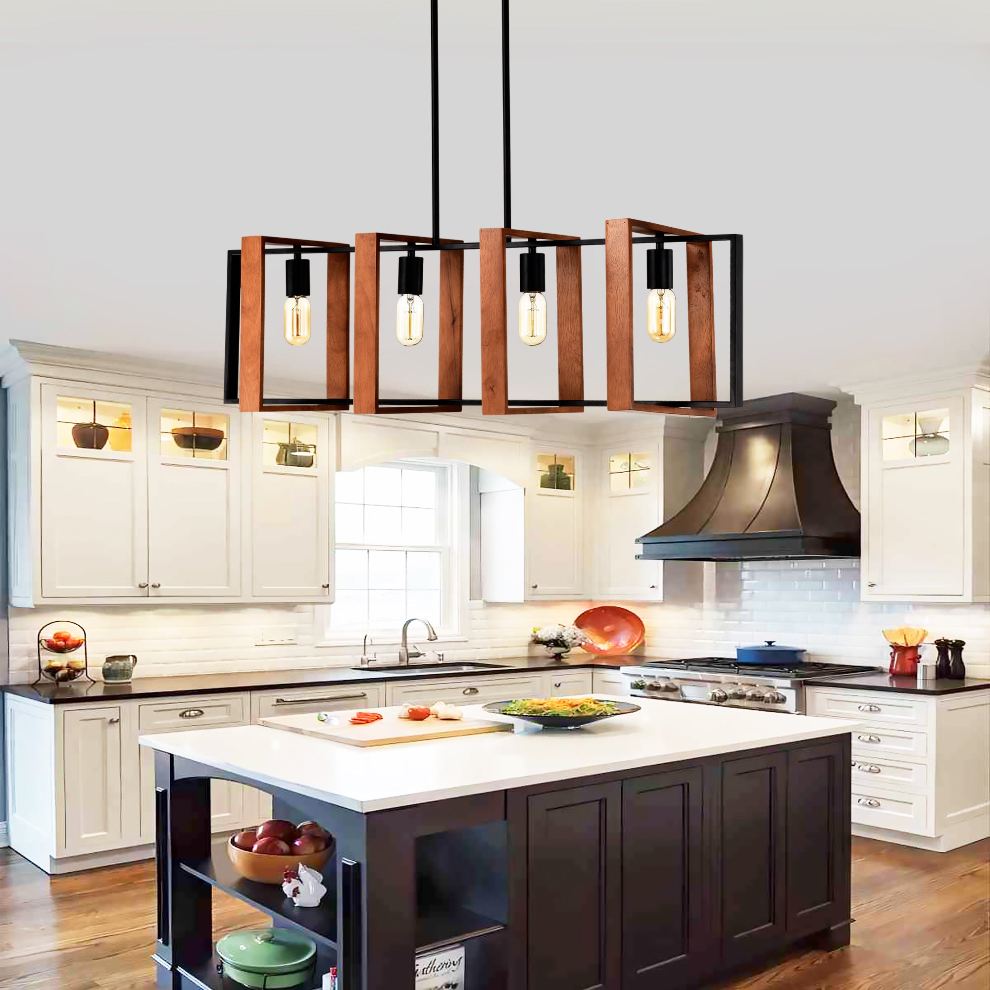 4-Light Rustic Wood & Black Metal Linear Chandelier – Kitchen Island Pendant – Farmhouse Dining Light