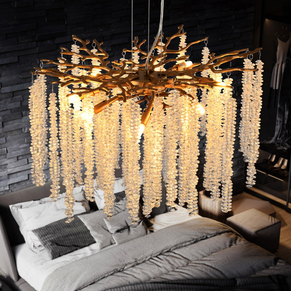 24" Gold Crystal Pendant Chandelier – Cascading Crystal Strands – Modern Glam Ceiling Light