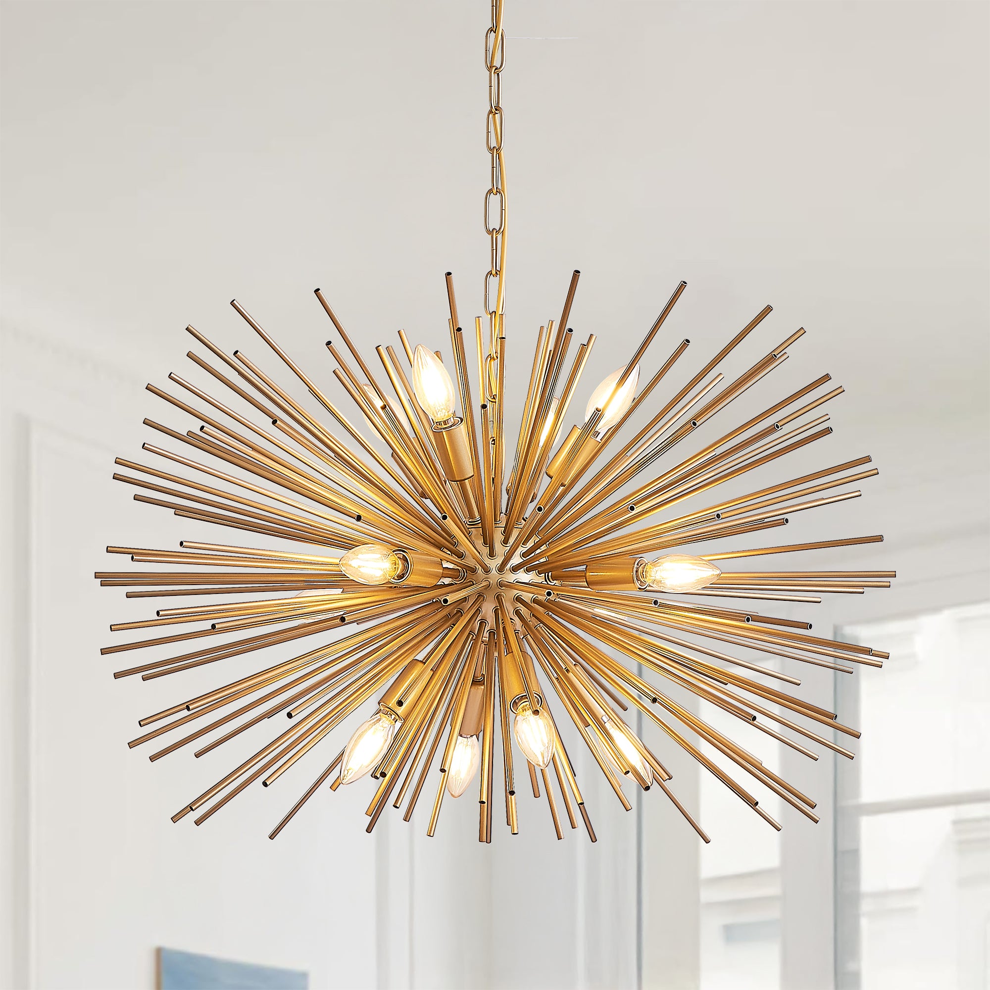 29" Mid-Century Modern 12-Light Gold Sputnik Chandelier – Starburst Pendant Ceiling Fixture