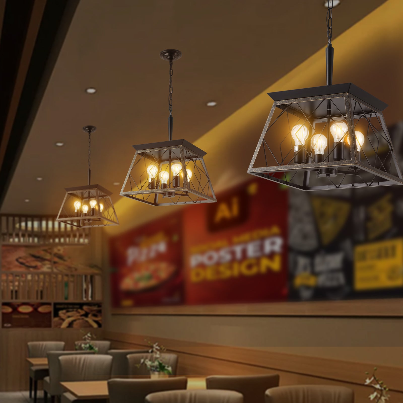 Farmhouse 4-Light Vintage Chandelier – Antique Gold & Black – Rustic Kitchen Dining Room Fixture