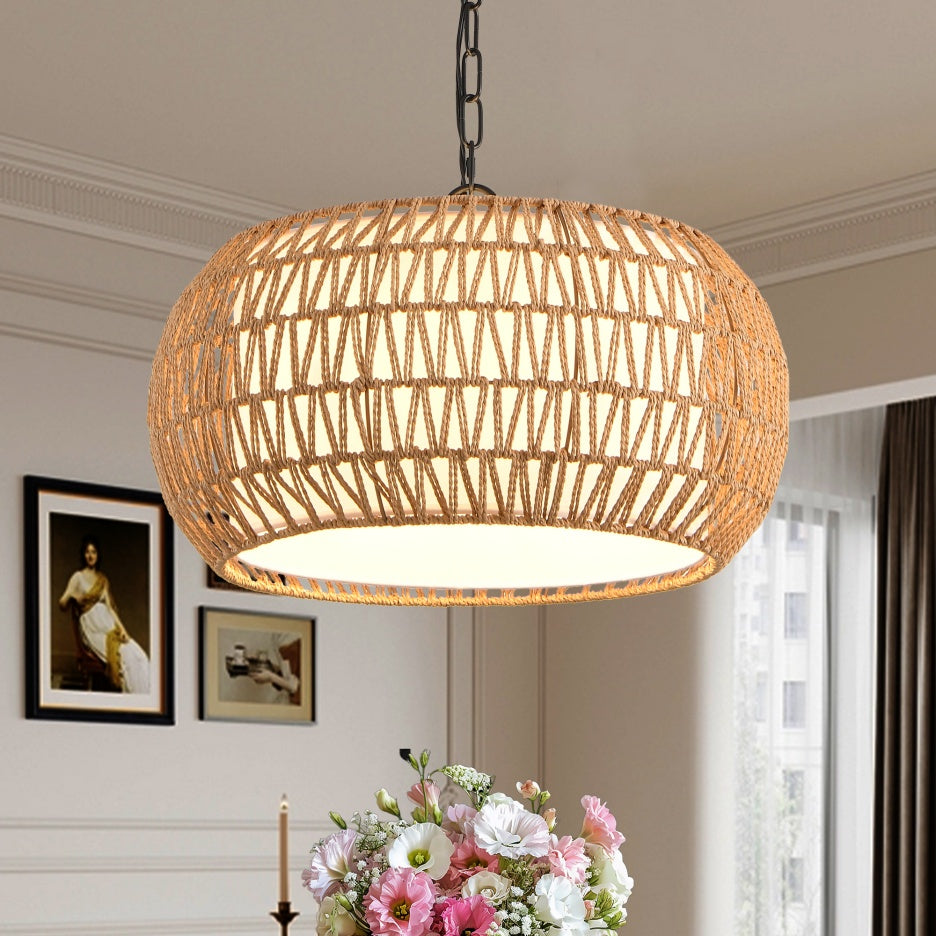 18" Boho Woven Jute Rope Pendant Light – Farmhouse Hanging Ceiling Fixture – Adjustable Height