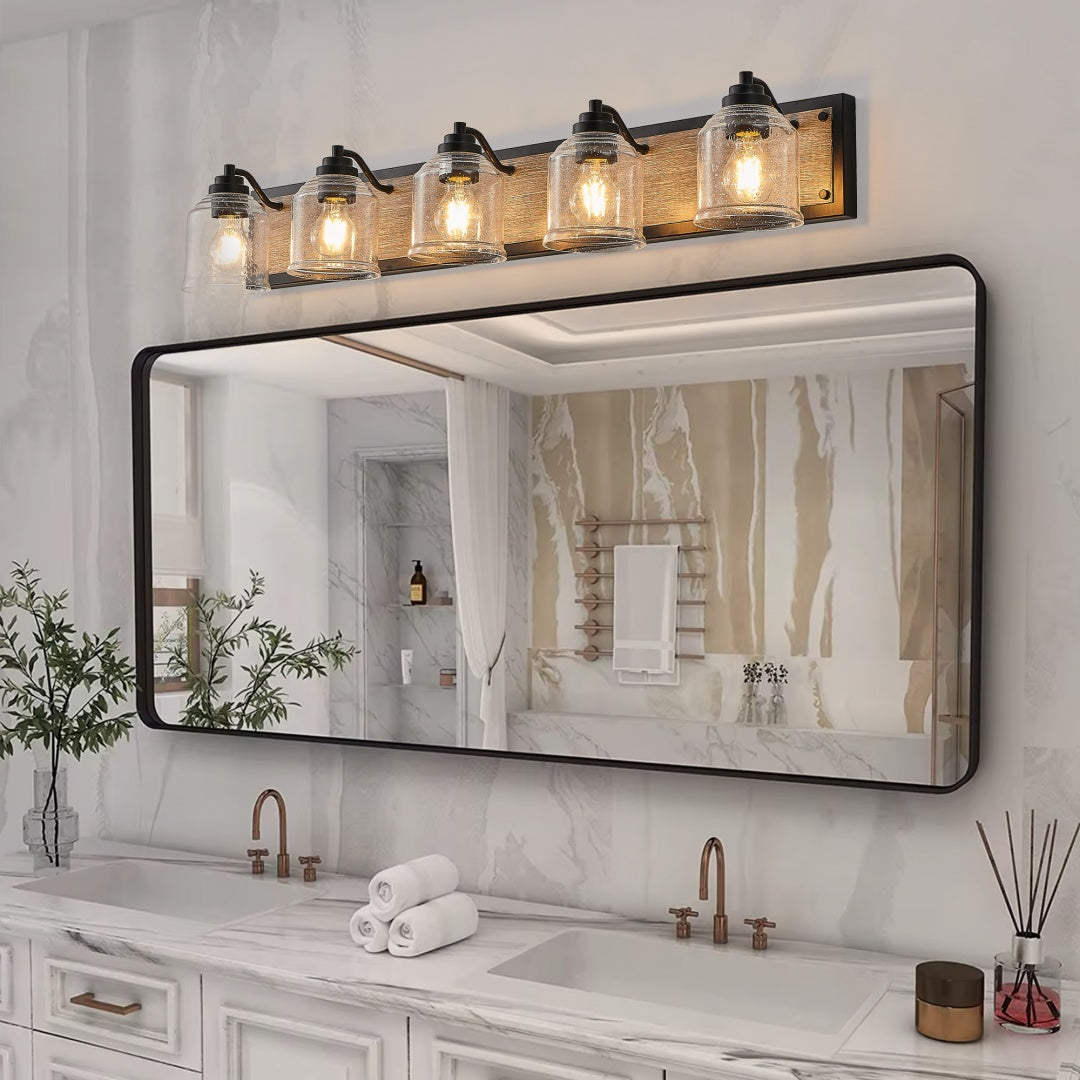 40" Farmhouse 5-Light Vanity Light – Black & Wood Grain – Seeded Glass Bathroom Wall Fixture
