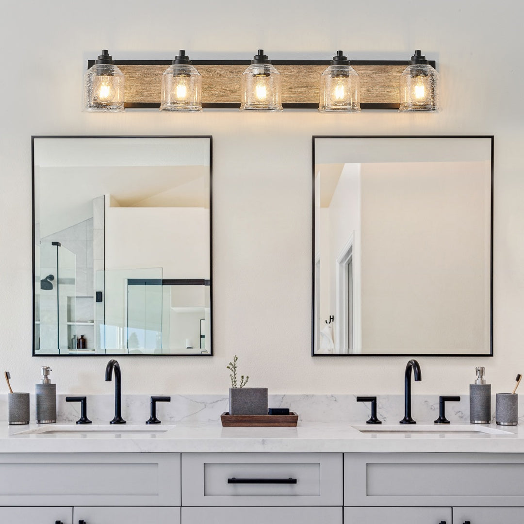 40" Farmhouse 5-Light Vanity Light – Black & Wood Grain – Seeded Glass Bathroom Wall Fixture