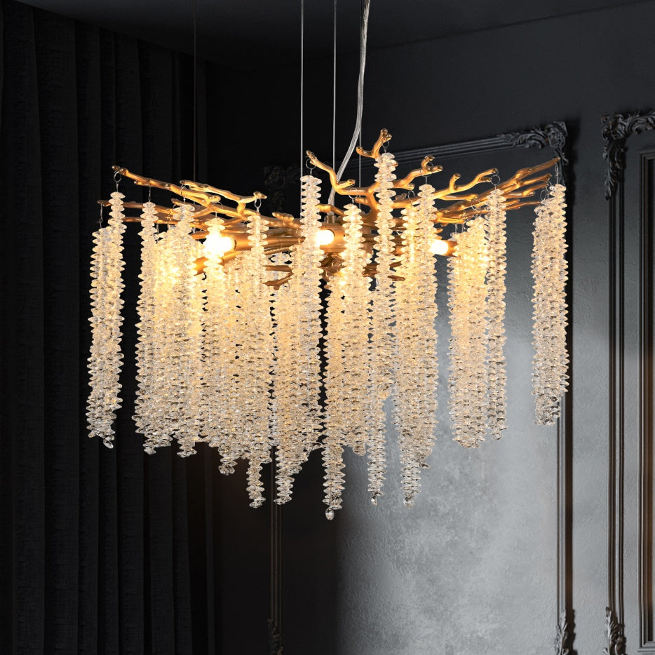 24" Gold Crystal Pendant Chandelier – Cascading Crystal Strands – Modern Glam Ceiling Light