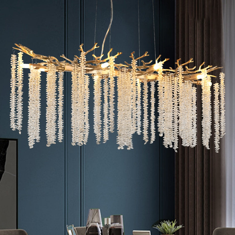 39" Gold Crystal Pendant Chandelier – Cascading Crystal Strands – Large Modern Glam Ceiling Light