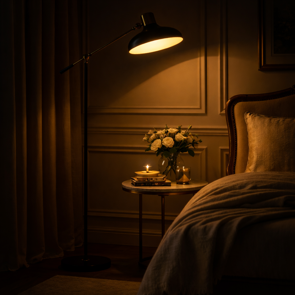 Soleil Adjustable Arc Floor Lamp — Black & Gold Industrial, 48"–65"