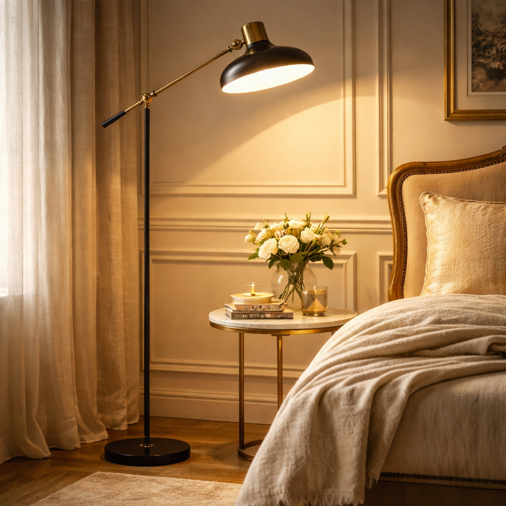 Soleil Adjustable Arc Floor Lamp — Black & Gold Industrial, 48"–65"