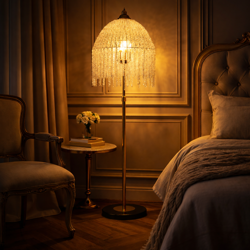 Versailles 3-Light Crystal Floor Lamp — Gold Frame & Cascading Waterfall Beads, 63"