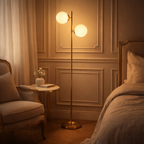 Aurore 2-Light Mid-Century Floor Lamp — Brushed Gold & Frosted Glass Globes, 65"