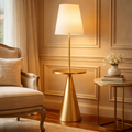 Céleste Integrated Table Floor Lamp — Brushed Brass & White Linen Shade, 70"
