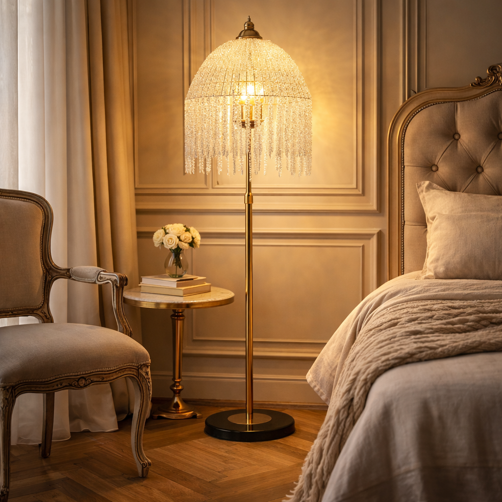 Versailles 3-Light Crystal Floor Lamp — Gold Frame & Cascading Waterfall Beads, 63"