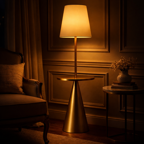 Céleste Integrated Table Floor Lamp — Brushed Brass & White Linen Shade, 70"