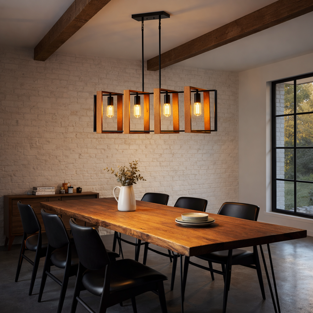 Bûcheron | 4-Light Wood & Metal Linear Chandelier — Rustic Farmhouse