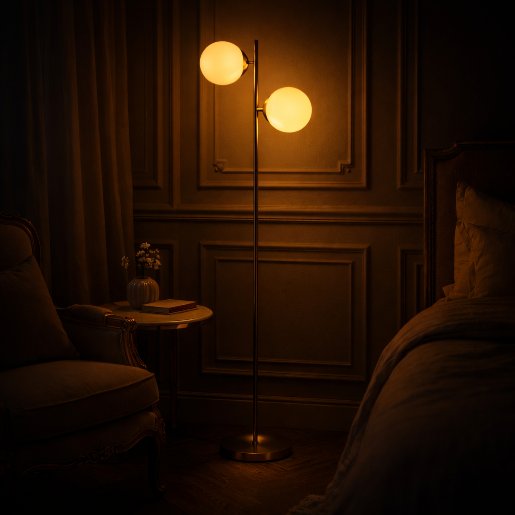 Aurore 2-Light Mid-Century Floor Lamp — Brushed Gold & Frosted Glass Globes, 65"