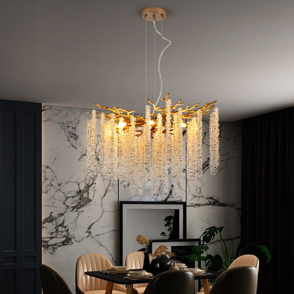 24" Gold Crystal Pendant Chandelier – Cascading Crystal Strands – Modern Glam Ceiling Light