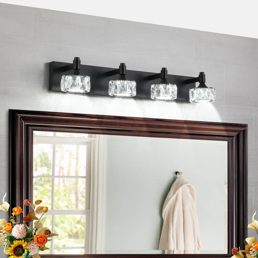 Modern 4-Light Vanity Light – Matte Black & Crystal Glass Shades – LED Bathroom Wall Sconce