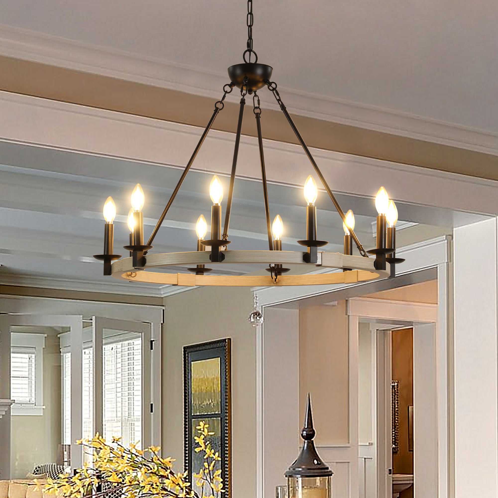 32" Rustic Farmhouse 10-Light Candle Chandelier – Black Metal & Wood – Round Hanging Fixture