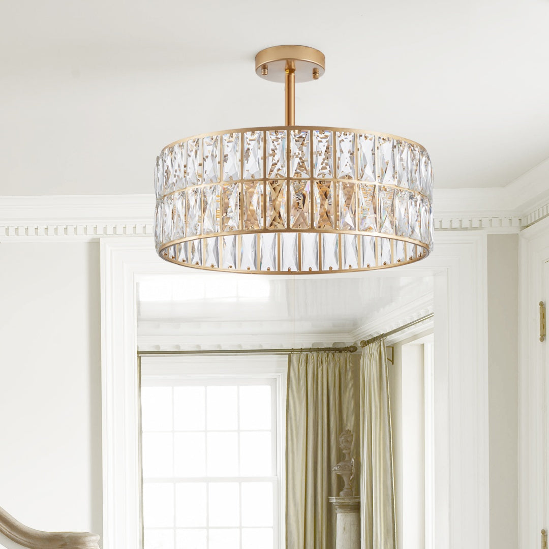 18" Gold Crystal Drum Chandelier – 6-Light Semi-Flush Mount – Modern Glam Ceiling Fixture