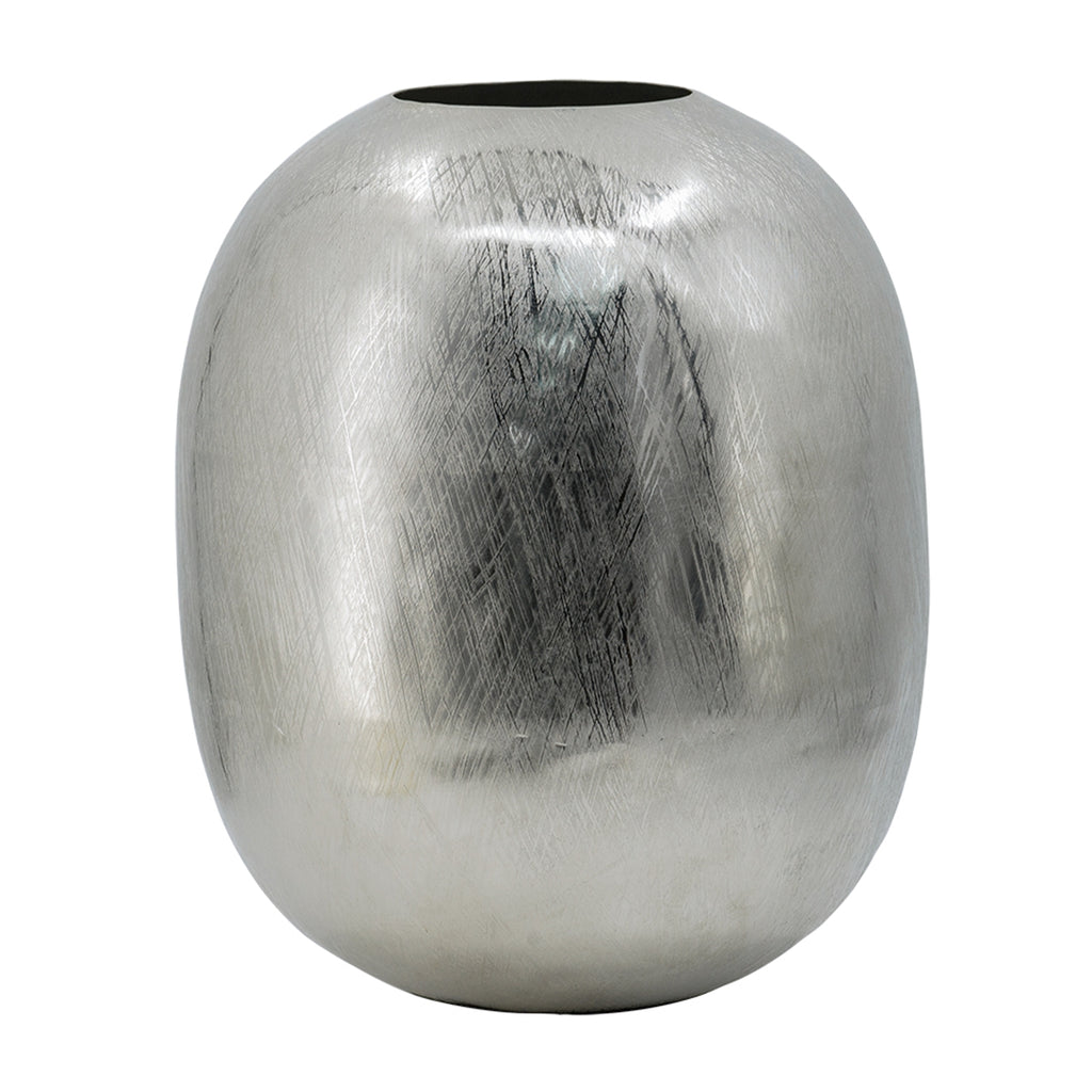 Aluminum Vase 13 Inch, Silver Streak Metal Decorative Vase, Round 10.5 x 10.5 x 13 Inch, for Console Table, Mantel, Shelf and Dining Table