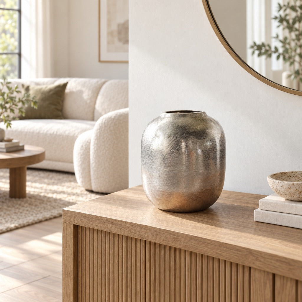 Aluminum Vase 13 Inch, Silver Streak Metal Decorative Vase, Round 10.5 x 10.5 x 13 Inch, for Console Table, Mantel, Shelf and Dining Table