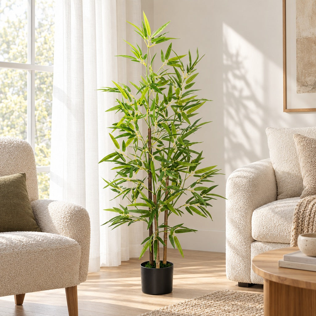 Artificial Bamboo Tree 4 ft, Faux Bamboo Plant with Three Trunks in Black Pot with Faux Moss for Living Room, Kitchen and Home Office