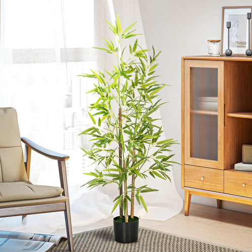 Artificial Bamboo Tree 4 ft, Faux Bamboo Plant with Three Trunks in Black Pot with Faux Moss for Living Room, Kitchen and Home Office