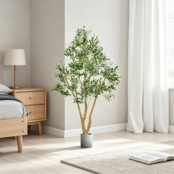 Artificial olive tree in a grey pot in a bedroom corner