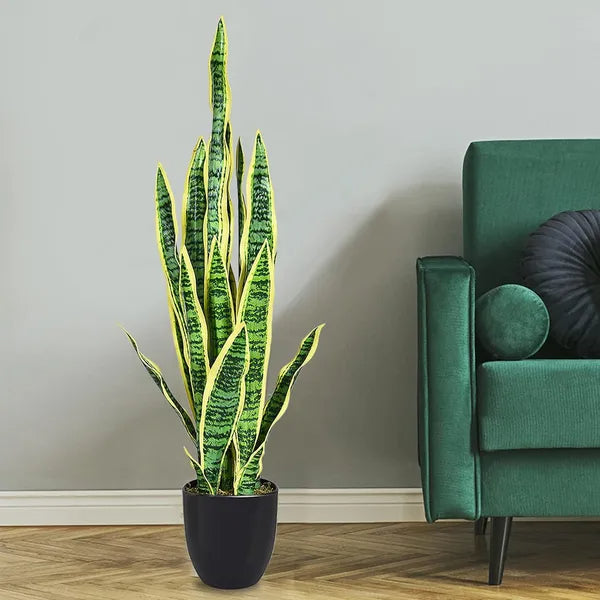 Artificial Snake Plant 35.5 Inch, Faux Sansevieria Floor Plant with 20 Leaves in Pot for Living Room, Office and Entryway, Green and Yellow