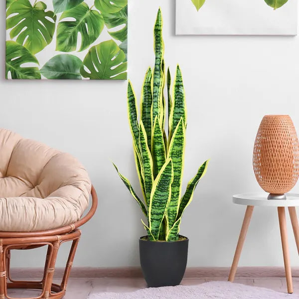 Artificial Snake Plant 35.5 Inch, Faux Sansevieria Floor Plant with 20 Leaves in Pot for Living Room, Office and Entryway, Green and Yellow