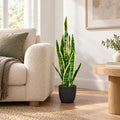 Artificial Snake Plant 35.5 Inch, Faux Sansevieria Floor Plant with 20 Leaves in Pot for Living Room, Office and Entryway, Green and Yellow