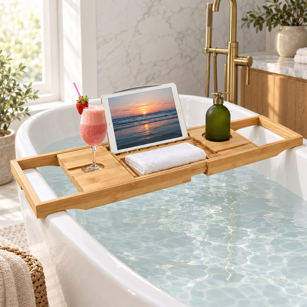 Bamboo Bathtub Caddy Tray, Extends 27.6 to 41.3 Inch, Stainless Steel Book and Tablet Holder, Phone Slot and Wine Glass Holder, Bath Tray for Tub