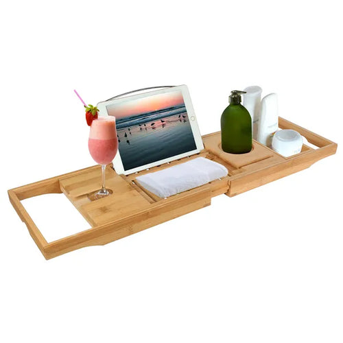 Bamboo Bathtub Caddy Tray, Extends 27.6 to 41.3 Inch, Stainless Steel Book and Tablet Holder, Phone Slot and Wine Glass Holder, Bath Tray for Tub