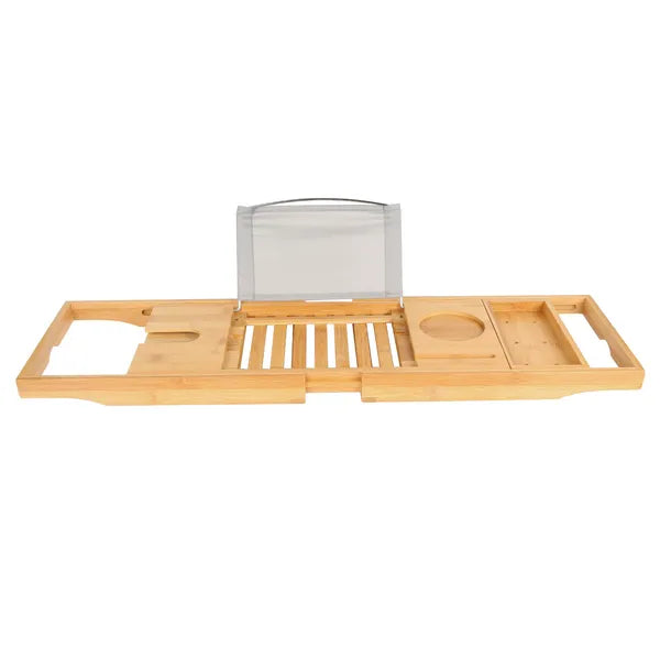 Bamboo Bathtub Caddy Tray, Extends 27.6 to 41.3 Inch, Stainless Steel Book and Tablet Holder, Phone Slot and Wine Glass Holder, Bath Tray for Tub