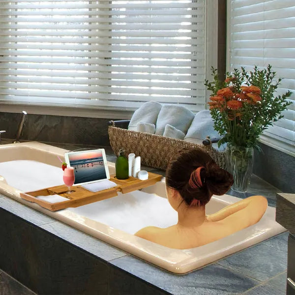 Bamboo Bathtub Caddy Tray, Extends 27.6 to 41.3 Inch, Stainless Steel Book and Tablet Holder, Phone Slot and Wine Glass Holder, Bath Tray for Tub